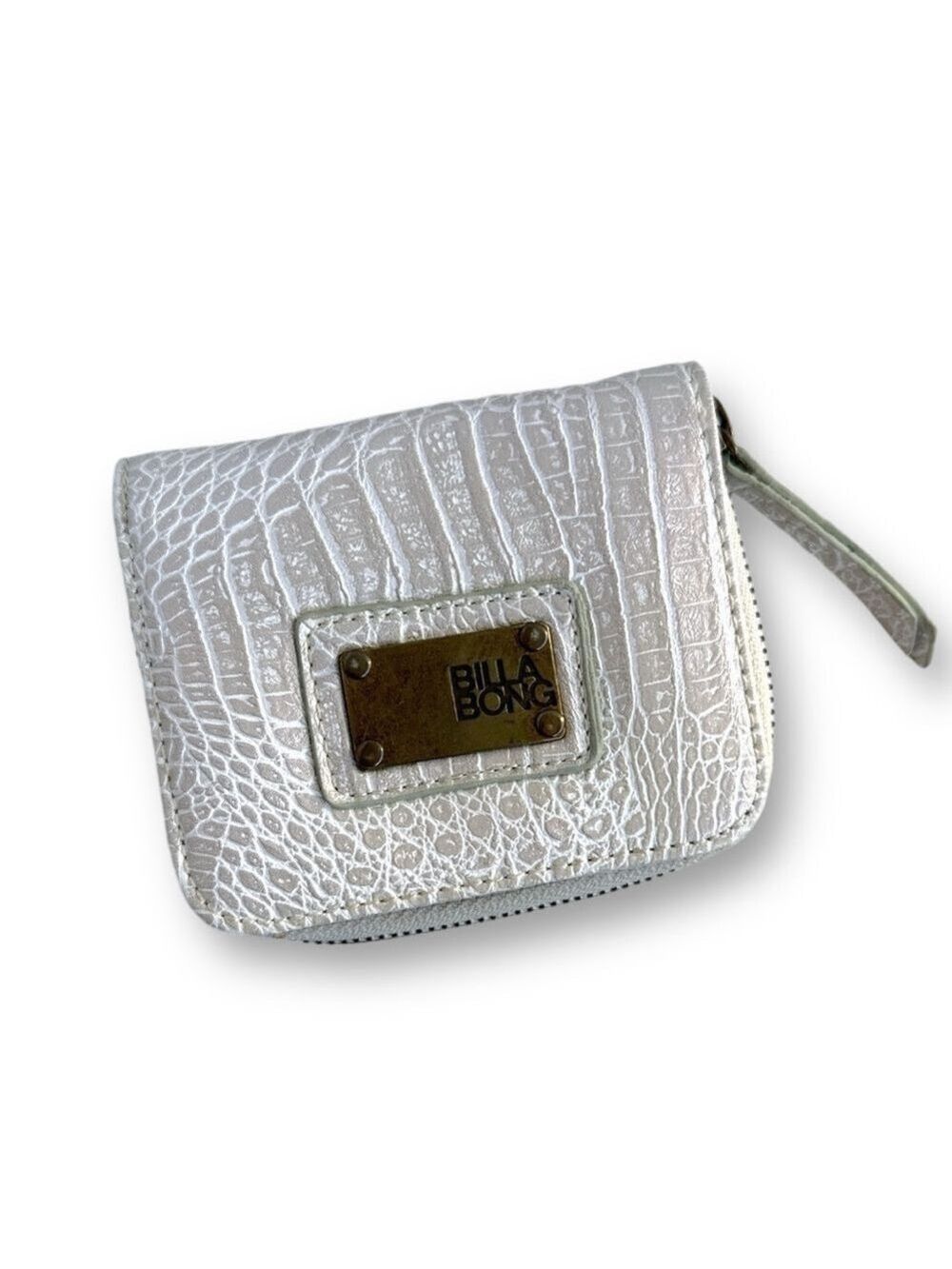 Billabong Wallet Faux Crocodile Leather Metallic Off White and Turquoise